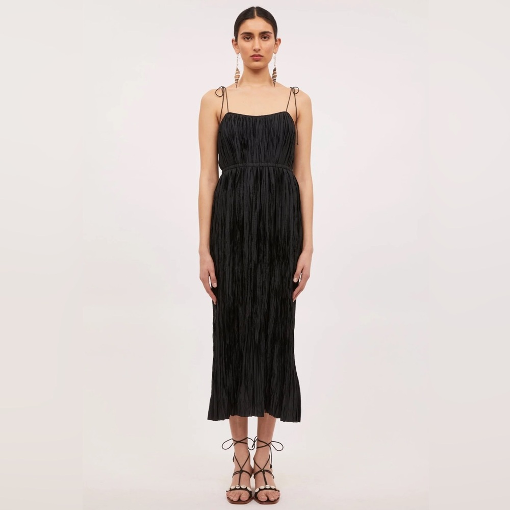 Ulla Johnson Orla Tie Strap Crinkle‎ Satin Midi Dress in Noir NwT 12